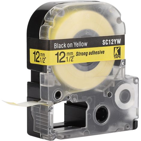 Ruban pour étiqueteuse 12 mm de haute qualité, compatible avec King Jim et Epson SR230CH, longueur 8 mètres, fond jaune, lettres noires. (1/5)