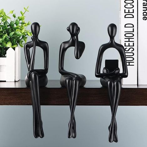 Statues de penseur en résine noire, 3 sculptures abstraites assises, figurines de bureau, décorations d'étagère et de table dorées (1/5)