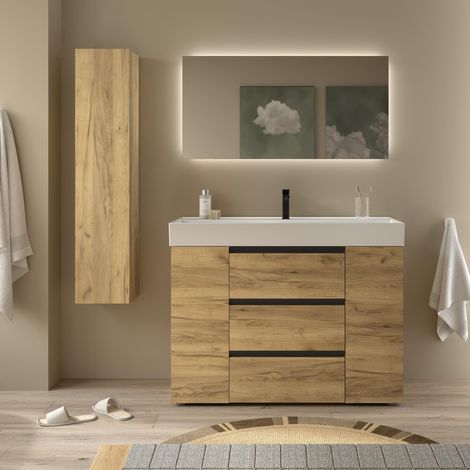 Meuble de salle de bain BEQUIA PLUS METAL 3C 120cm Chêne Vasque Veneto Porcelaine Centrale 1P (1/5)