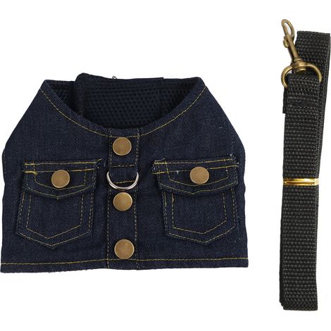 Veste en jean pour chien, harnais, doux, confortable, respirant, gilet en jean avec laisse en nylon pour animal de compagnie, chat, bleu foncé, S