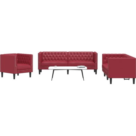 vidaXL Ensemble de canapés Chesterfield 3pcs rouge bordeaux similicuir (1/5)