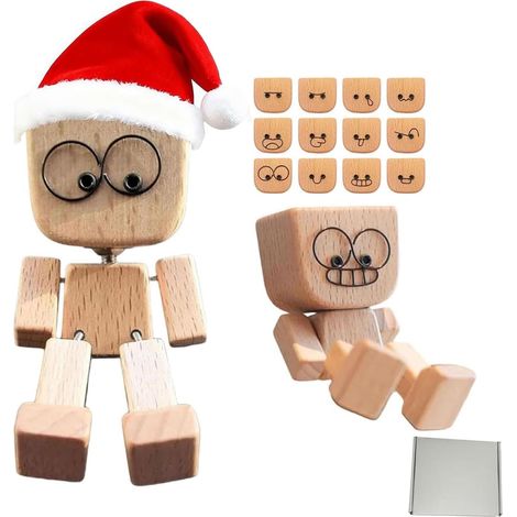 Bambola di legno che muove le gambe - una mini bambola a dondolo in legno - con 12 espressioni facciali magnetiche - divertente ornamento per auto - scrivania in legno (1/5)