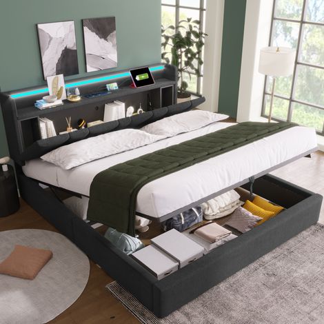 Letto imbottito 140x190 cm in lino grigio con USB e LED, salvaspazio, senza materasso – MEUBLIV (1/5)