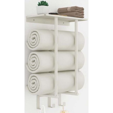 Porte Serviette Salle de Bain, Porte Serviette Murale Blanc 50 cm Support Serviette Salle de Bain avec Étagère et 3 Crochet Acier Inoxydable Rangement Serviette pour Les Serviettes 3 Enroulées