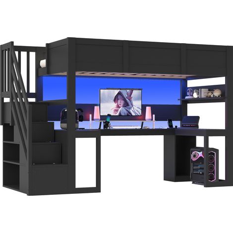 Lit mezzanine enfant 90x200 cm avec bureau gaming, LED 7 couleurs, USB, escalier rangement, bois noir (1/5)