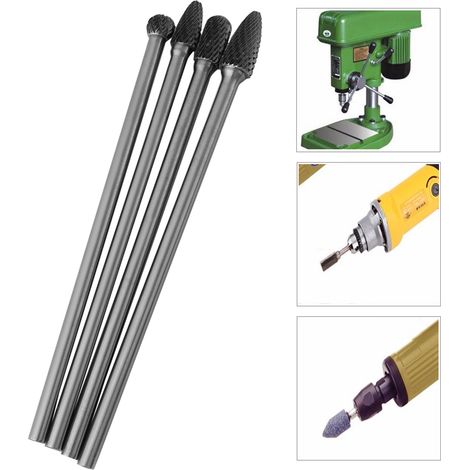 Set mit 4 länglichen, rotierenden Hartmetallfeilen, 6 mm Griff, 150–160 mm Länge (1/5)