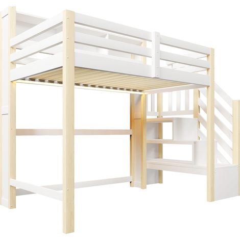 Lit mezzanine enfant 90x200 cm avec LED, rangement sous le lit, échelle étagère, blanc et naturel (1/5)