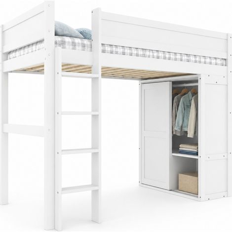 Cama alta infantil 90x200 cm con armario, compartimento de almacenaje y espacio abierto inferior, en madera de pino y MDF, color blanco, para dormitorio CHICFURN (1/5)