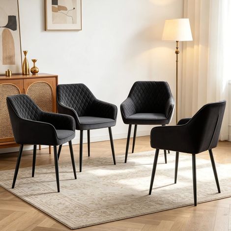Dining Chairs 4pcs Velvet Kitchen Chairs Upholstered Seat with Backrest and Armrest Office chair, Black