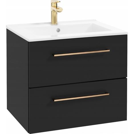 Badezimmer-Waschtisch mit Waschbecken – 60 x 45 cm – Mattschwarz – Soft-Close-Mechanismus – Goldfarbene Griffe