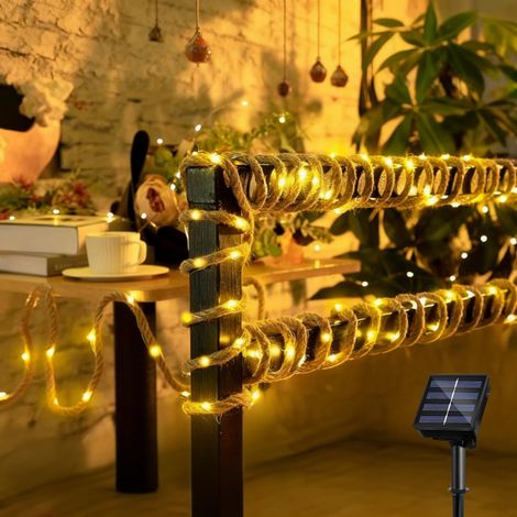 Guirlande lumineuse solaire d'extérieur - Blanc chaud - 15 m - Avec 300 LED - Corde de chanvre - Étanche - Pour jardin, balcon, terrasse (1/5)