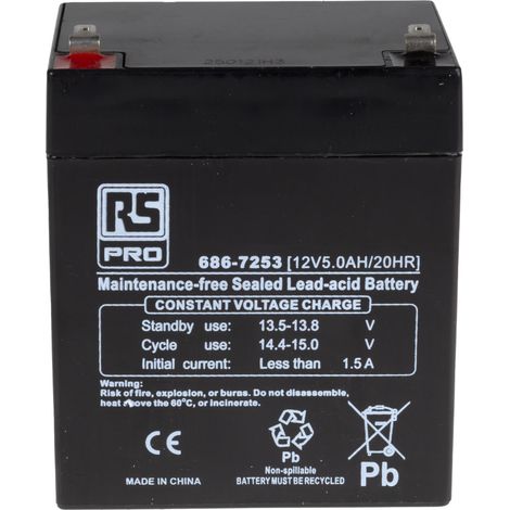 Rs Pro – Batterie au plomb étanche 12V 5Ah AGM – Applications cycliques – Terminaison Faston F1 – Dimensions 90 x 70 x 101mm
