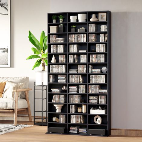 Rangements CD/DVD, 36 compartiments réglables, capacité 1116 CD/528 DVD, 102x23,5x195 cm, meuble de rangement pour bureau, salon, noir
