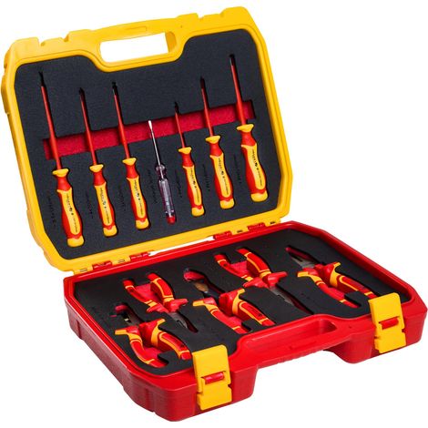 Lot de 12 outils électriciens isolés 1000 V tournevis manuel, tournevis plat et cruciforme, pinces, test de tension, coffret en plastique (1/5)