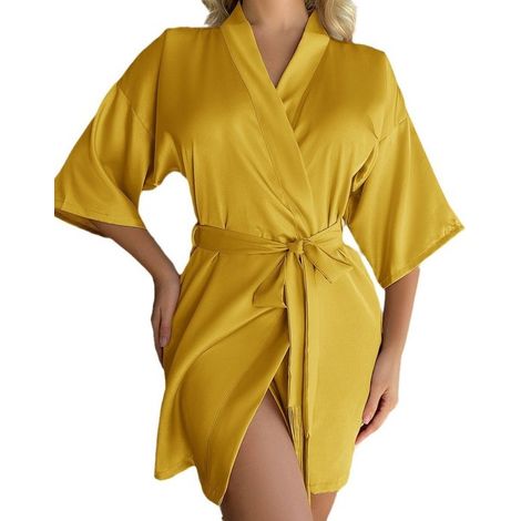 Peignoir kimono de luxe pour femme avec franges - Peignoir court et sexy pour le matin - Manches mi-longues et ceinture à nouer - Doux et respirant - Vêtement d'intérieur et de nuit - Jaune - S (1/5)