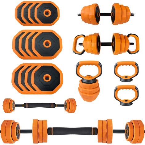 Set haltères réglables 4-en-1 – Transformable en haltères, kettlebell, barre, poignées pompes – Pour entréeînement de force et fitness à domicile – Orange – 44LBS (1/5)