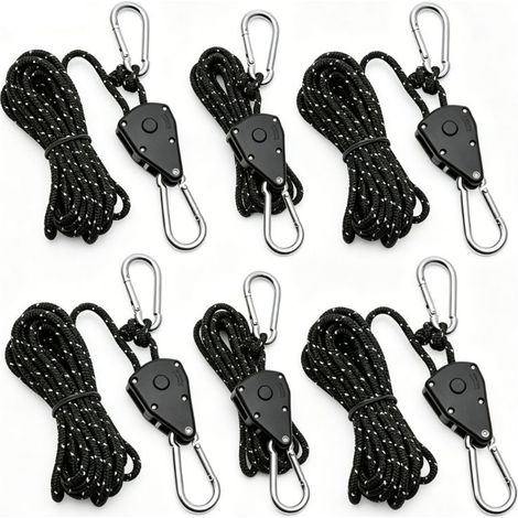6 Pièces Tendeur de Corde à Poulie Réglable, Corde Nylon Réfléchissante Noire, avec Double Mousquetons, pour Tente, Plantes, Randonnée et Extérieur (1/5)