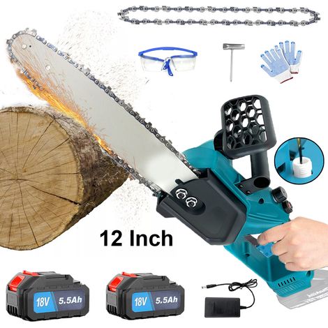 Motosega senza fili, brushless da 12 pollici, potente motosega elettrica con 2 catene, 2 batterie da 5,5 A + caricabatterie, motosega per potatura alberi da giardino, compatibile con batteria Makita