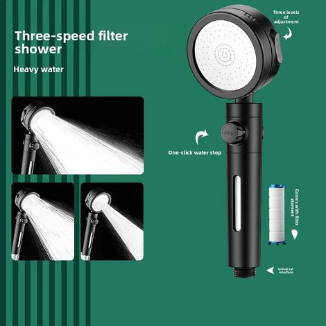 Pommeau de douche filtrant (noir) avec 3 modes de jet et fonction d'arrêt à un bouton. (1/5)