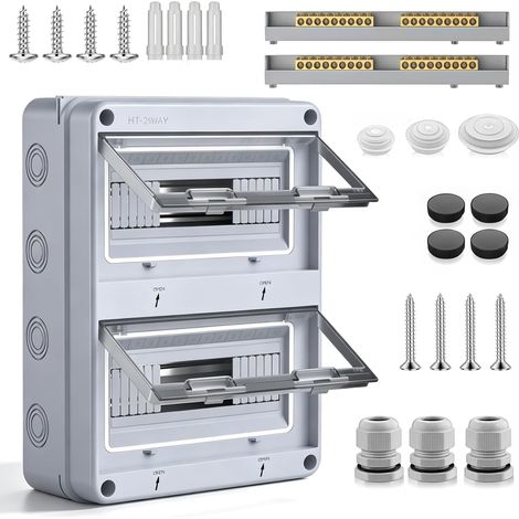 Coffret Electrique Etanche Exterieur IP65: Boîte De Distribution Exposée 24 Voies, Tableau Electrique 2 Rangées Avec Bornes En Laiton, Tableau Electrique Etanche Pour Jardins, Extérieur (1/5)
