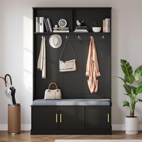 Appendiabiti con panca porta scarpe, armadio, 6 ganci tripli, autoportante, salvaspazio, per ingresso, corridoio, nero, 120×40×191 cm (1/5)