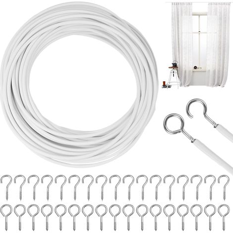Cavo per tende da 10 m, cavo per tende, filo per tende bianco con 25 bulloni ad occhiello, 25 ganci a vite, cavo per tende, asta per tende morbida, tende da doccia (1/5)