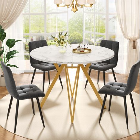 Esstisch-Set (5-teilig), Esstisch-Set mit 4 Stühlen, Modernes Küchen-Esstisch-Set, Runder Küchentisch mit 100 cm Durchmesser und goldenen Metallbeinen, MDF-Marmor-Tischplatte, Esszimmerstühle aus grau (1/5)
