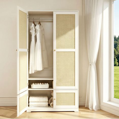 Armadio 90x48x180 cm in MDF bianco con ante in rattan, appendiabiti da camera – MEUBLIV (1/5)
