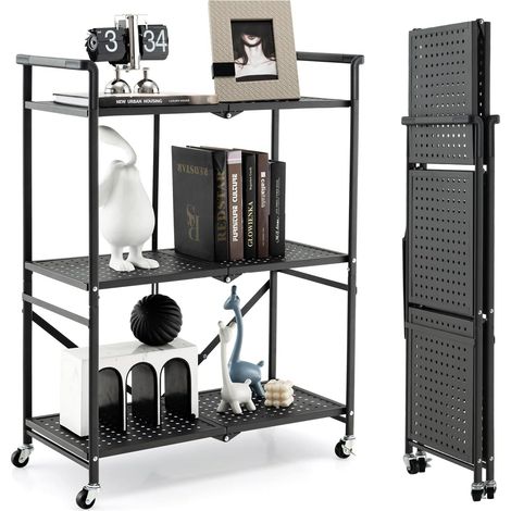 COSTWAY Scaffale Pieghevole con Ruote, Carrello Portaoggetti in Metallo con 3 Ripiani e 2 Ruote Bloccabili, per Cucina Soggiorno Garage, 72,5x33x93,5 cm (1/5)