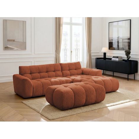 BOBOCHIC - Canapé d'angle fixe JAYA tissu chenille avec pouf Angle droit  Orange