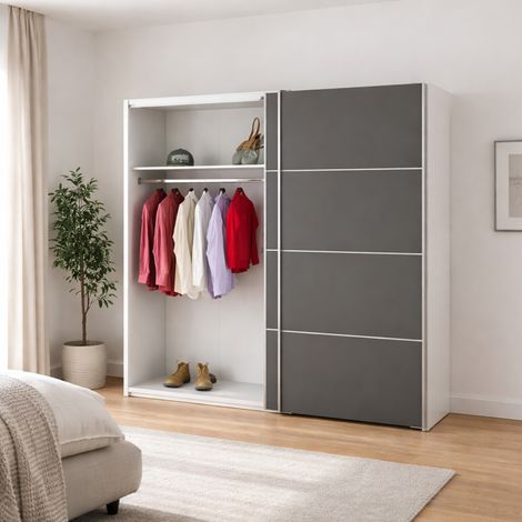 Armoire 2 Portes Accadia, Dressing Chambre à Coucher, 2 Étagères, Porte-vêtements, 64x201,5h cm Blanc (1/5)