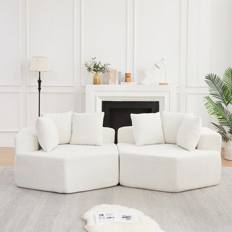 Fauteuil modulable hexagonal en chenille beige, 138 x 122 x 76 cm, avec 3 coussins, REDOM (1/5)