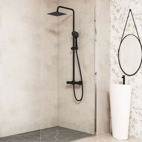 Soffione doccia quadrato 20x20cm in acciaio inox, colonne doccia con miscelatore termostatico cilindro, doccetta a 3 getti, nero opaco (1/5)