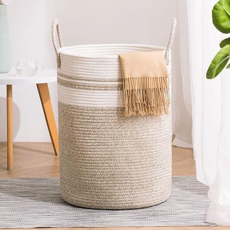Corbeille à Linge Panier à Linge Panier de Rangement Panier Linge Sale Corde en Coton 38cm(D) x50cm(H) Z-Marron