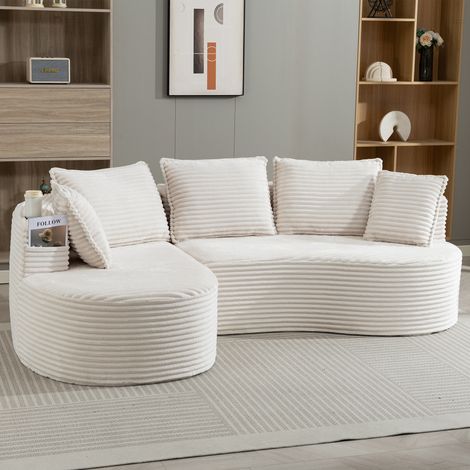 Canapé d'angle incurvé 3 places avec porte-gobelets, poches latérales et coussin, éponge haute densité, 250x152x82 cm, velours côtelé beige