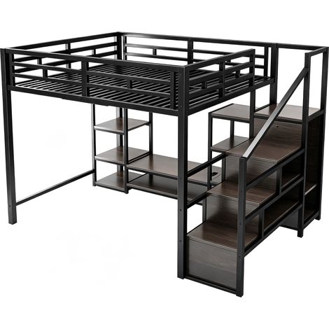 Cama alta 140 x 200 cm negra con soporte para TV, toma eléctrica y escalera de seguridad HOMVRA (1/5)