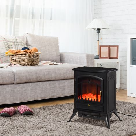 Foyer électrique sur pied avec effet flamme, 1000W/2000W, protection contre la surchauffe et thermostat, ABS et verre, 45x28x54cm, noir (1/5)