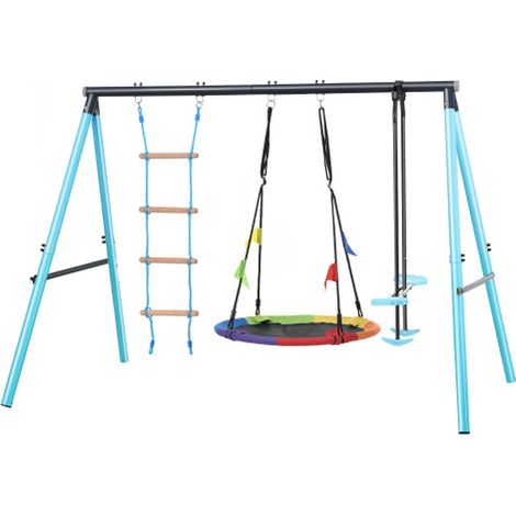 Balançoire pour enfants avec structure en métal, balançoire nid d'arbre (réglable en hauteur), échelle d'escalade et filet d'escalade, balançoire, jardin, aire de jeux, bleu (1/5)