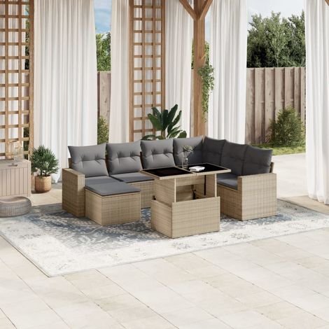 Ensemble salon jardin 8 places résine tressée beige avec coussins gris - Table extensible verre trempé (1/5)