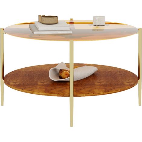 Table basse ronde en verre doré 82 cm avec base en bois et structure métal, design moderne élégant pour salon, chambre ou bureau – CHICFURN (1/5)