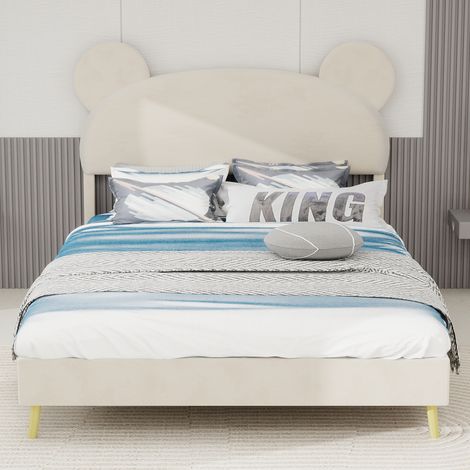 Lit double, rembourré, avec matelas, beige, 140 x 200 cm, pour maison et usage quotidien, base basse sans rangement, tête de lit cartoon moelleuse