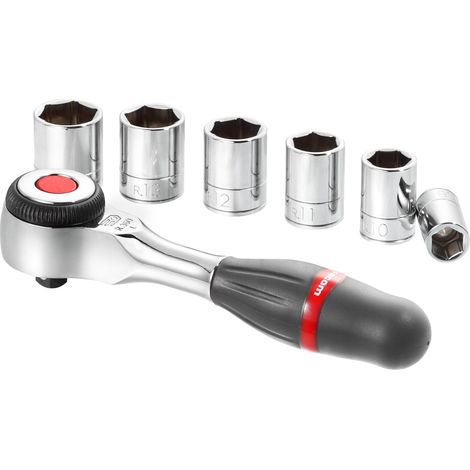 Composizione di serraggio 1/4" FACOM - R.360PACKPB - Aperture da 8 a 14 mm - 1 cricchetto radio - Cricchetto 5° - 6 bussole a 6 facce (1/2)