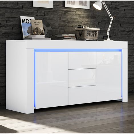 Credenza 140 x 40 x 65 cm con 3 cassetti, 2 ante, LED e finitura laccata bianca HAVRYA (1/5)