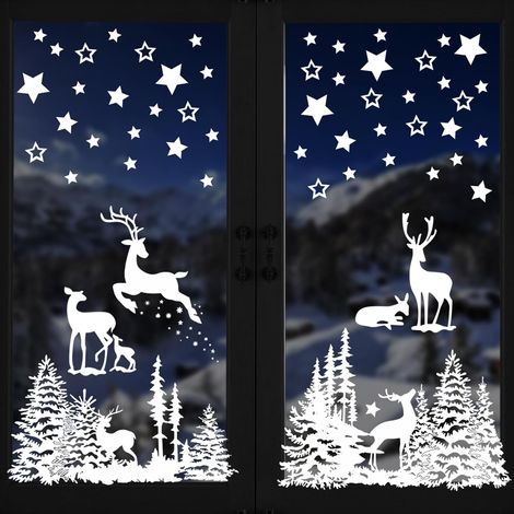 Autocollant Noël Fenêtre, Decoration Noel Interieur Maison Stickers Sapin de Noel Fenetre Réutilisable Amovible pour Magasin Vitre Vitrine Porte, Grand Blanc Autocollants Hiver Étoiles Renne Sticker (1/5)