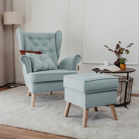 Sessel Ohrensessel ALISON inkl. Hocker in Stoff Trinity Hellblau