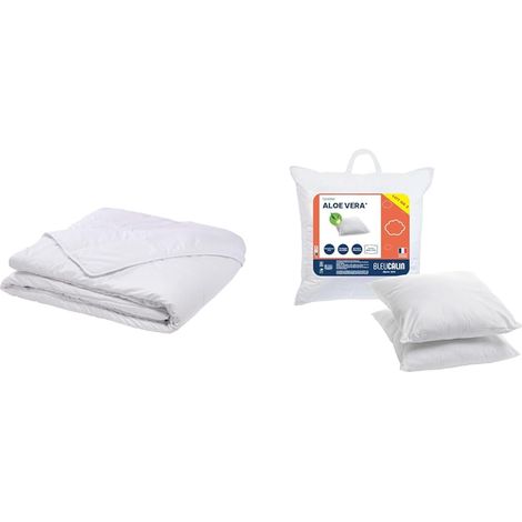 Bleu Câlin Pack Couette Légère Été Anti-Acariens 220x240cm + Lot de 2 Oreillers Aloe Vera Moelleux Blancs 60x60 cm - Pack pour Lit 2 Personnes - Fabriqué en France (1/5)