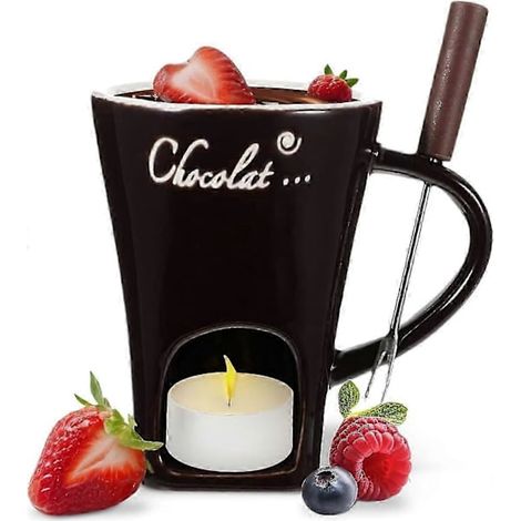 KLVGTIFS PU - Mug à fondue au chocolat, tasse à café, mug à fondre le chocolat avec fourchette, chauffe-fondue, mug à bonbons, café chaud (1/5)