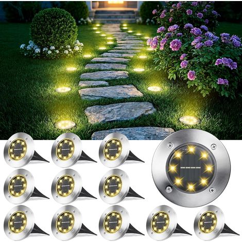 Lumière Solaire Extérieur 12 Pièces Lampe Solaire Au Sol Blanc Chaud 8 LED 3000K Spot Solaire Extérieur Jardin Etanche IP65 Encastrables Éclairage pour Chemins Pelouse Terrasse Cour Terrasse [Classe (1/5)