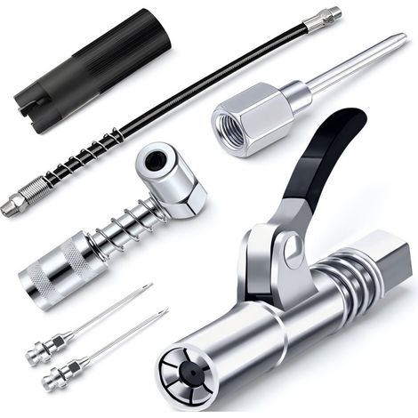 Kit d'accessoires pour pistolet a graisse (7 pieces) : distributeur a aiguille, 2 embouts a aiguille, adaptateur coude a 90 degres avec manchons, raccord et tuyau de 12 pouces (1/5)