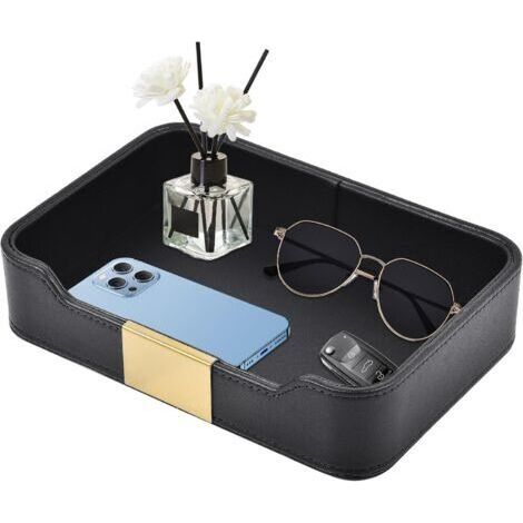 NALOOKAMIC Plateau de Rangement de Bureau en Cuir de Luxe Organisateur décoratif pour Bijoux,Plateau de Rangement Cuir,Corbeille a courrier,Montres,cosmétiques,clés,téléphone,Portefeuille,Noir (1/4)